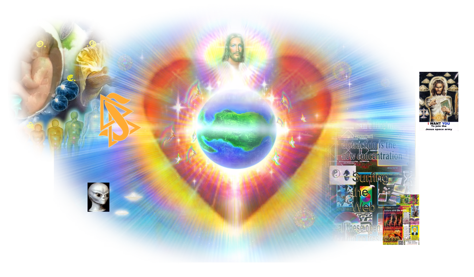 A radiant cosmic collage surrounding Earth